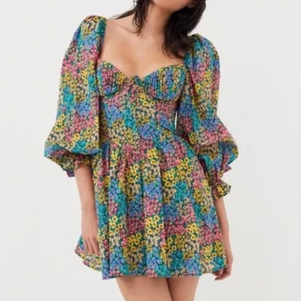 For Love & Lemons Floral Ruth Organic Cotton Corset Mini Dress Medium NEW